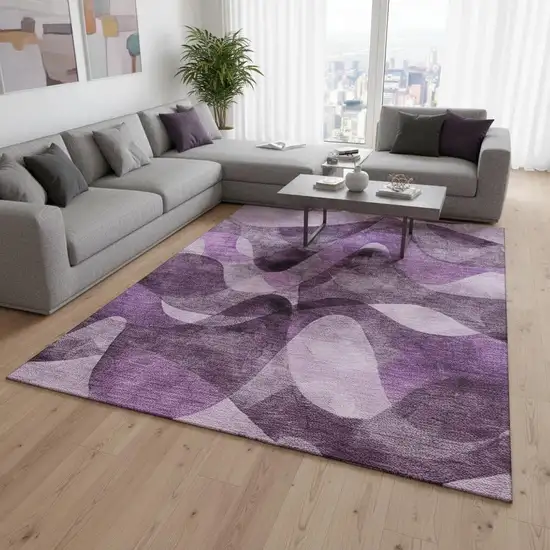 Purple And Ivory Abstract Washable Area Rug With UV Protection Photo 2