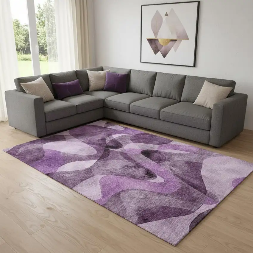 Purple And Ivory Abstract Washable Area Rug With UV Protection Photo 1