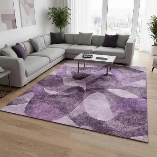 Purple And Ivory Abstract Washable Area Rug With UV Protection Photo 2