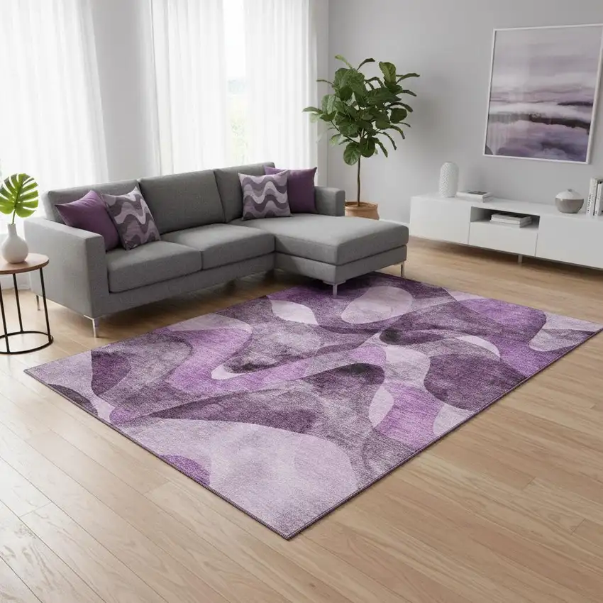 Purple And Ivory Abstract Washable Area Rug With UV Protection Photo 2