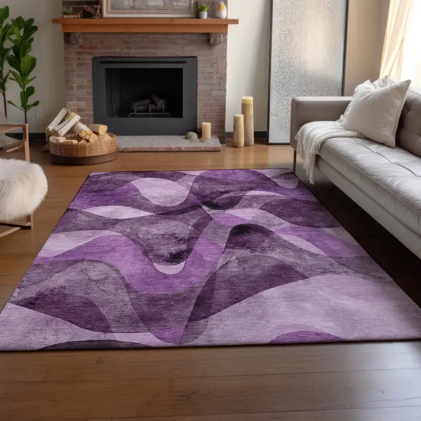 Purple And Ivory Abstract Washable Area Rug With UV Protection Photo 7