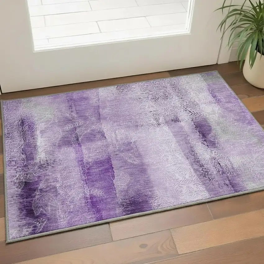 Purple And Ivory Abstract Washable Area Rug With UV Protection Photo 2