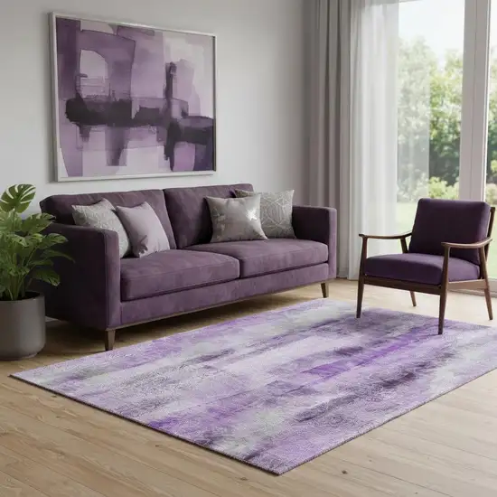 Purple And Ivory Abstract Washable Area Rug With UV Protection Photo 1