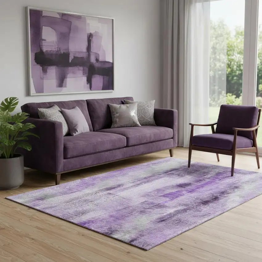 Purple And Ivory Abstract Washable Area Rug With UV Protection Photo 1