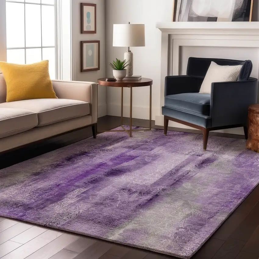 Purple And Ivory Abstract Washable Area Rug With UV Protection Photo 5