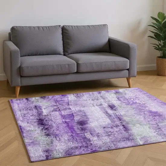 Purple And Ivory Abstract Washable Area Rug With UV Protection Photo 2