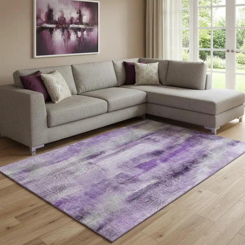 Purple And Ivory Abstract Washable Area Rug With UV Protection Photo 1