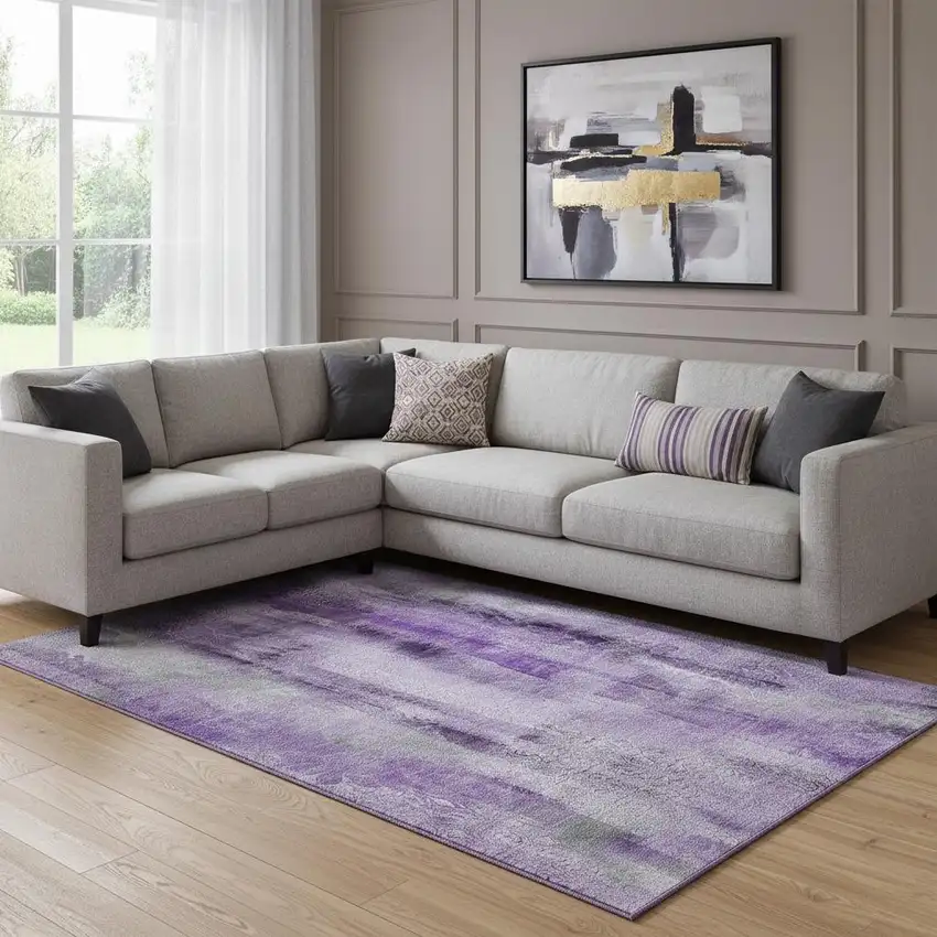 Purple And Ivory Abstract Washable Area Rug With UV Protection Photo 1