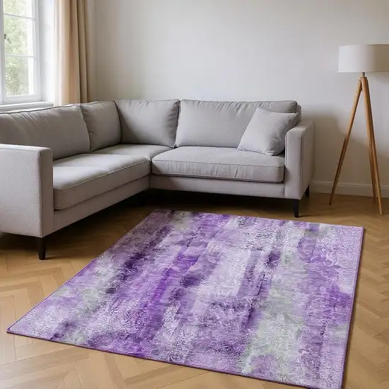 Purple And Ivory Abstract Washable Area Rug With UV Protection Photo 2