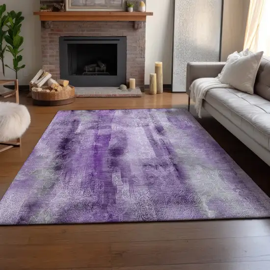 Purple And Ivory Abstract Washable Area Rug With UV Protection Photo 6