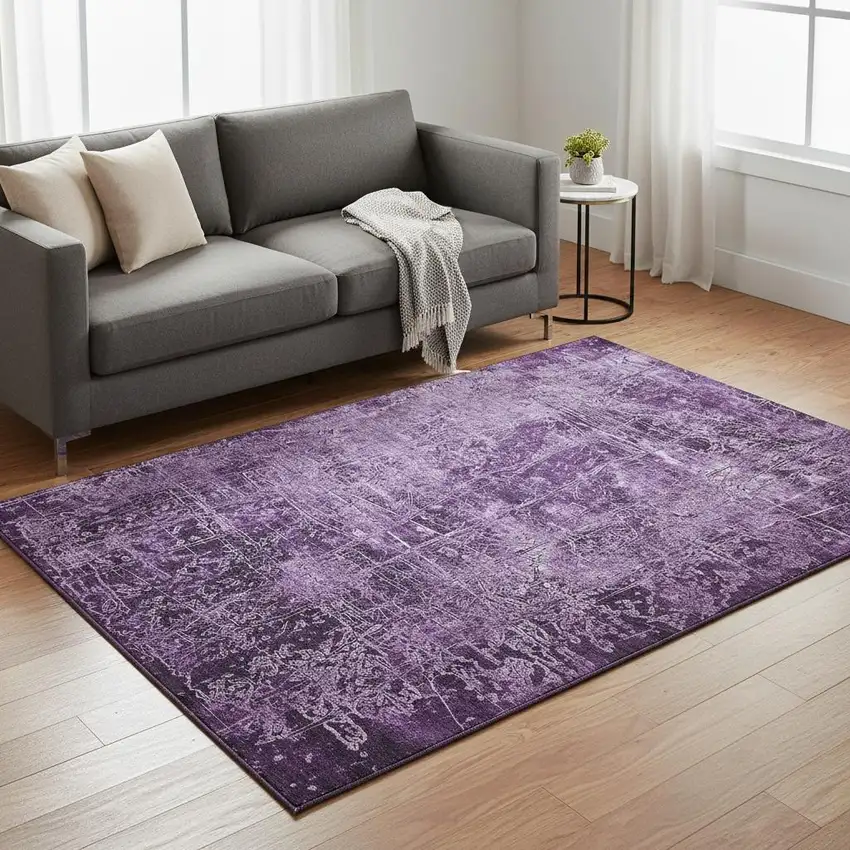 Purple And Ivory Abstract Washable Area Rug With UV Protection Photo 2