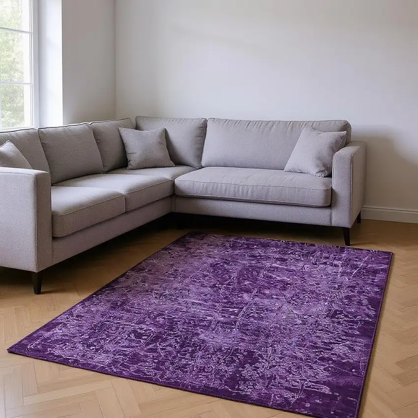Purple And Ivory Abstract Washable Area Rug With UV Protection Photo 2