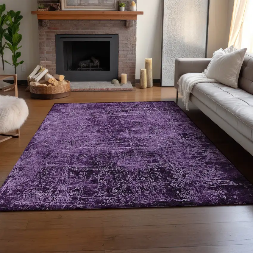 Purple And Ivory Abstract Washable Area Rug With UV Protection Photo 6