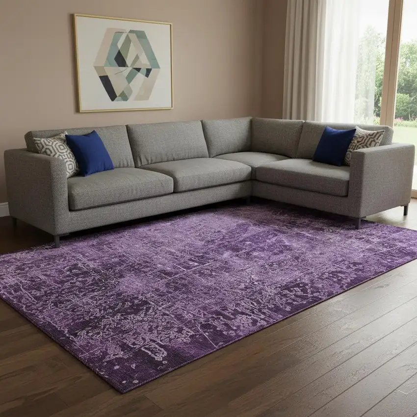 Purple And Ivory Abstract Washable Area Rug With UV Protection Photo 1