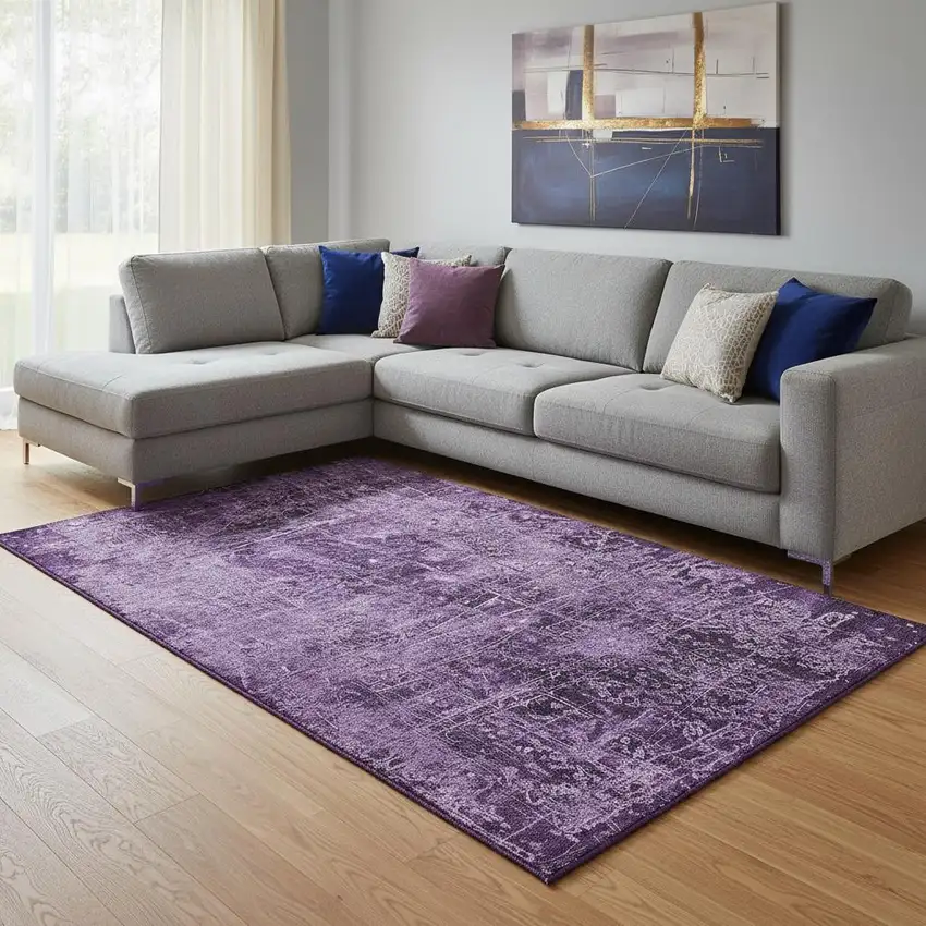 Purple And Ivory Abstract Washable Area Rug With UV Protection Photo 1