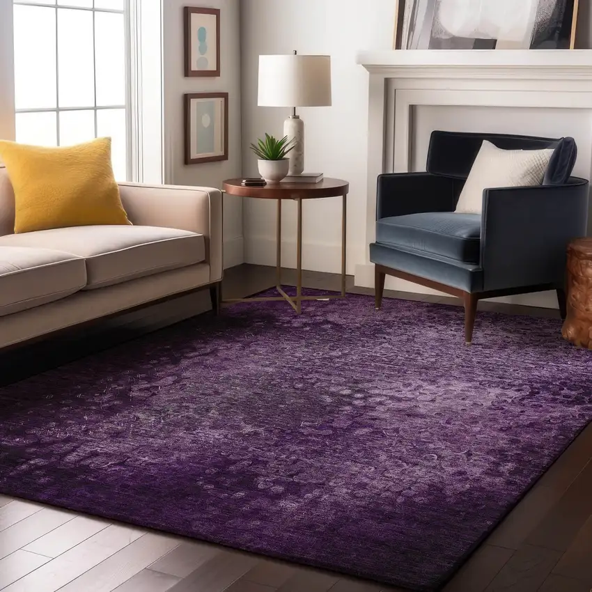 Purple And Ivory Abstract Washable Area Rug With UV Protection Photo 4