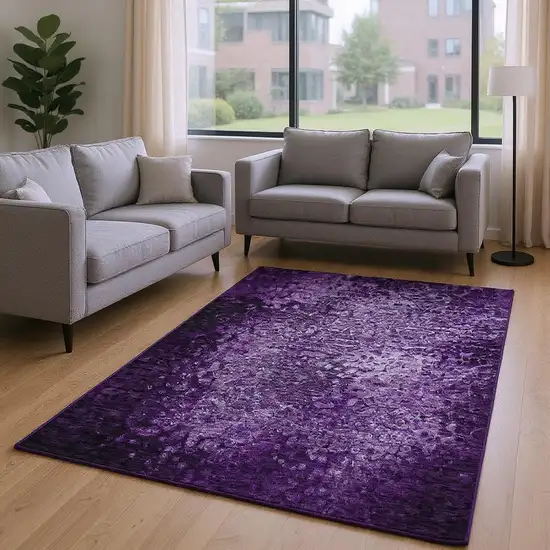 Purple And Ivory Abstract Washable Area Rug With UV Protection Photo 2
