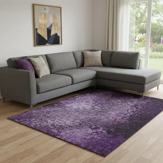 Purple And Ivory Abstract Washable Area Rug With UV Protection Photo 1