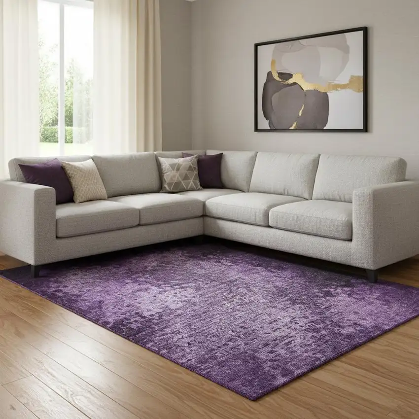Purple And Ivory Abstract Washable Area Rug With UV Protection Photo 2