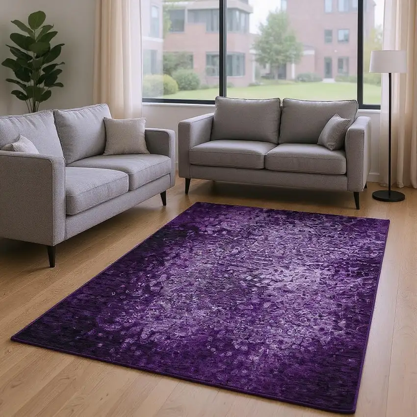 Purple And Ivory Abstract Washable Area Rug With UV Protection Photo 2