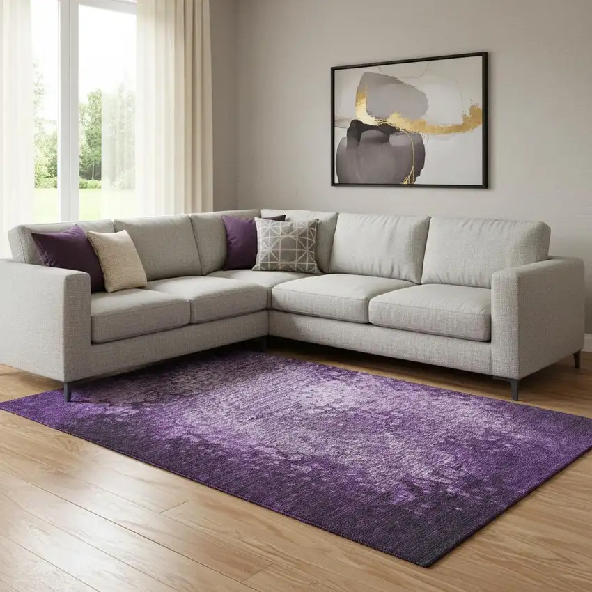 Purple And Ivory Abstract Washable Area Rug With UV Protection Photo 1