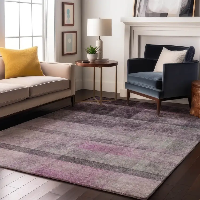 Purple And Ivory Abstract Washable Area Rug With UV Protection Photo 4