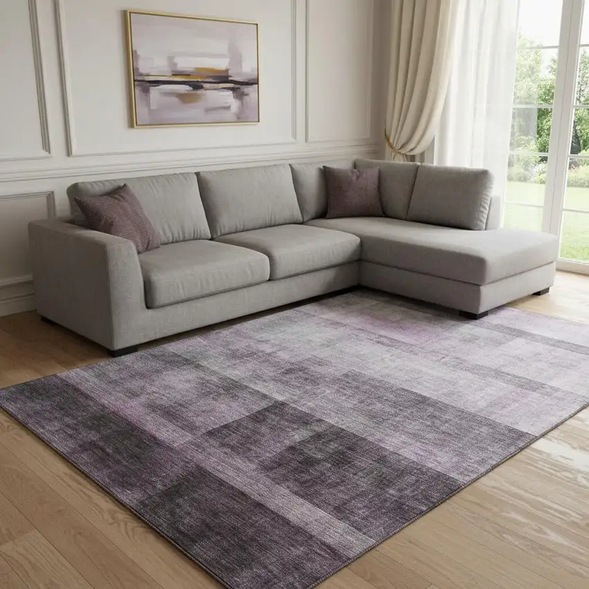 Purple And Ivory Abstract Washable Area Rug With UV Protection Photo 1