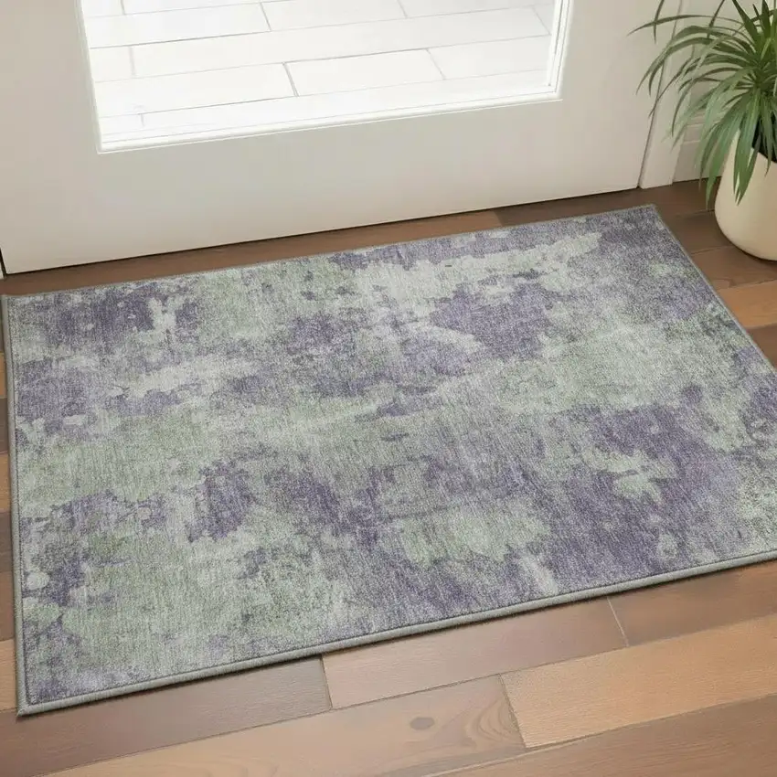 Purple And Ivory Abstract Washable Area Rug With UV Protection Photo 2