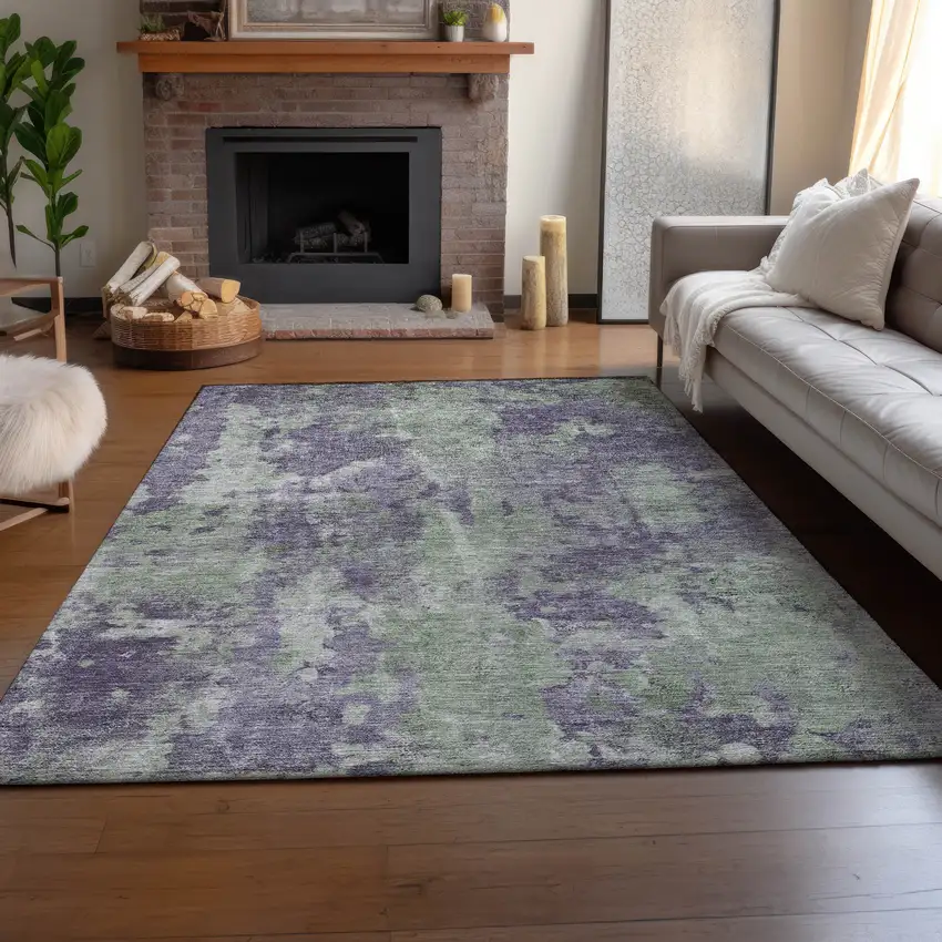 Purple And Ivory Abstract Washable Area Rug With UV Protection Photo 4