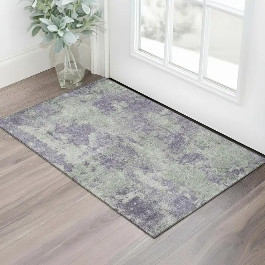 Purple And Ivory Abstract Washable Area Rug With UV Protection Photo 2