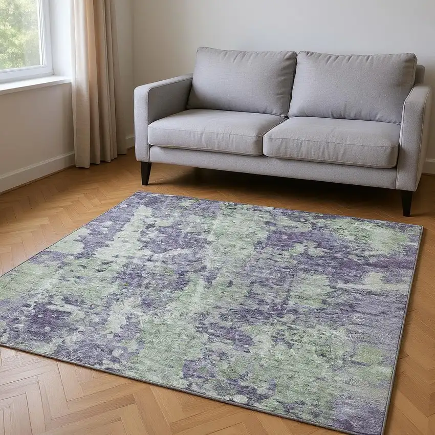 Purple And Ivory Abstract Washable Area Rug With UV Protection Photo 2