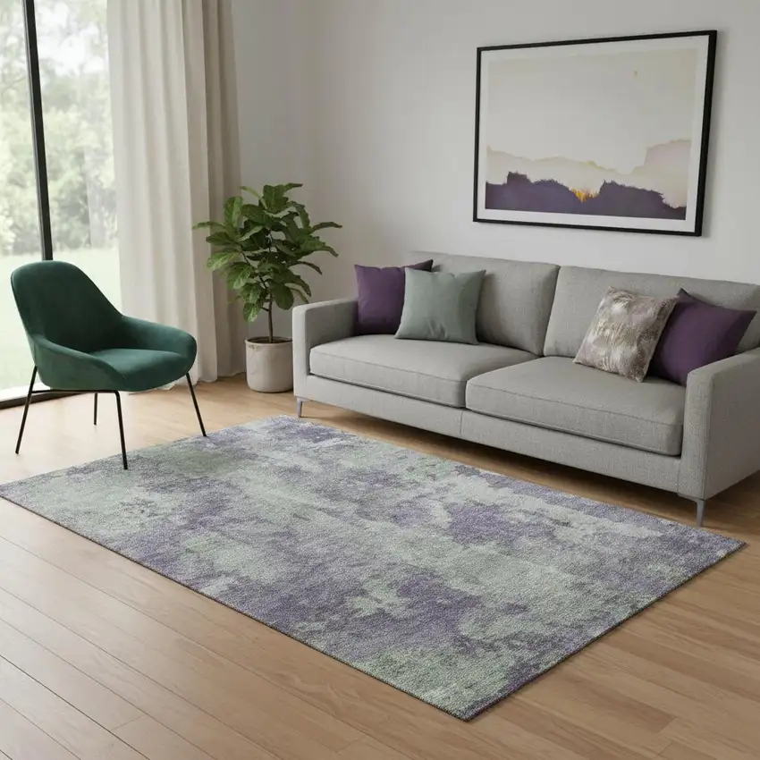 Purple And Ivory Abstract Washable Area Rug With UV Protection Photo 1