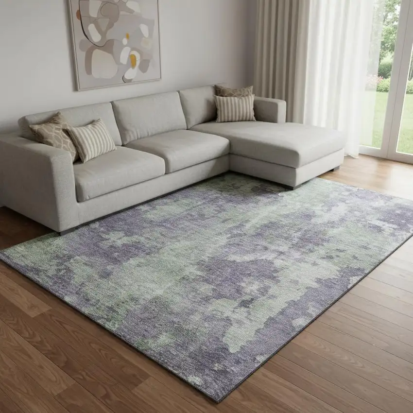 Purple And Ivory Abstract Washable Area Rug With UV Protection Photo 1