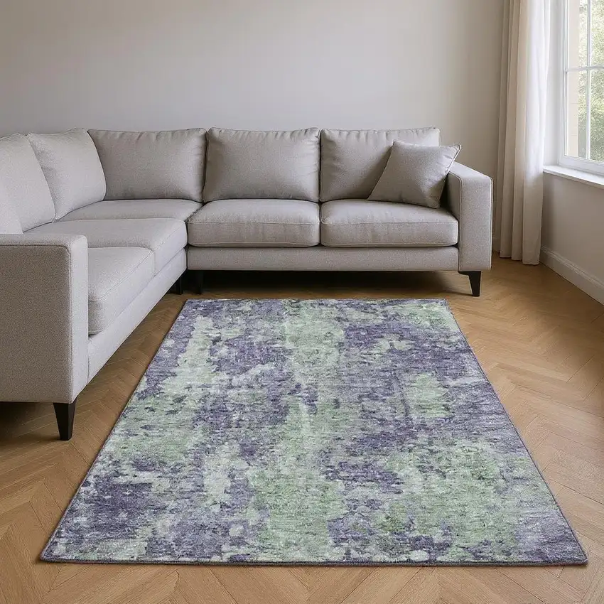 Purple And Ivory Abstract Washable Area Rug With UV Protection Photo 2