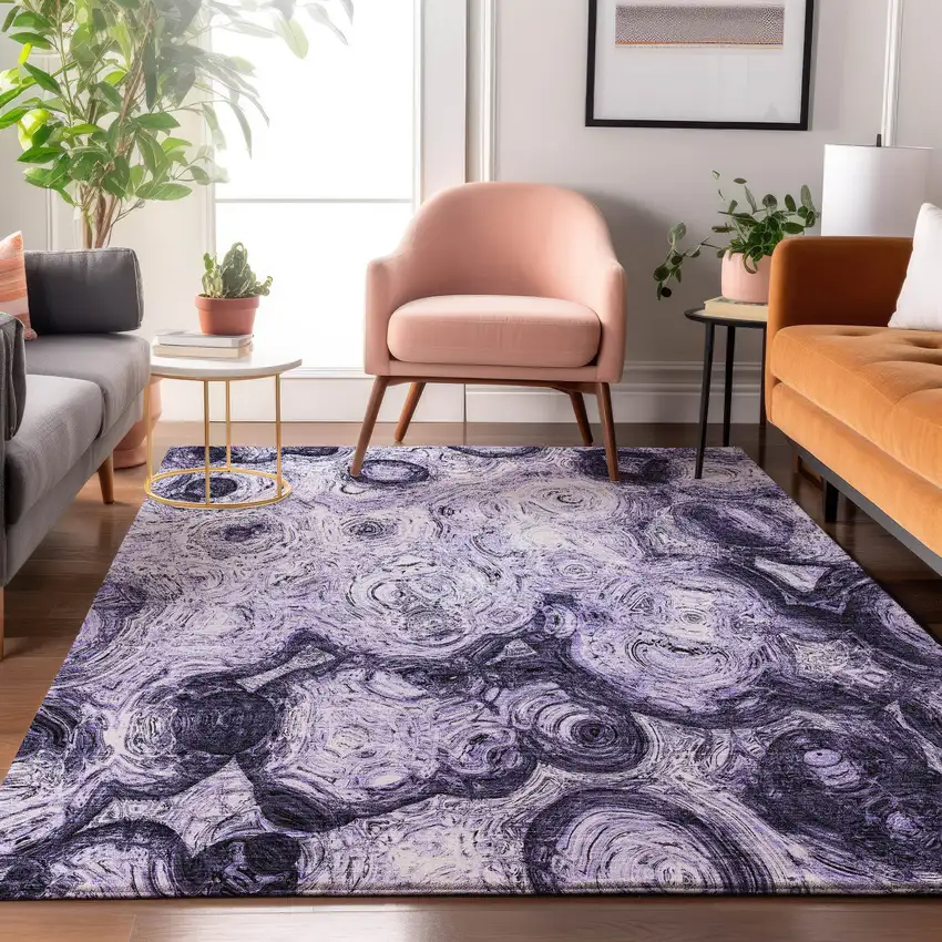 Purple And Ivory Abstract Washable Area Rug With UV Protection Photo 6
