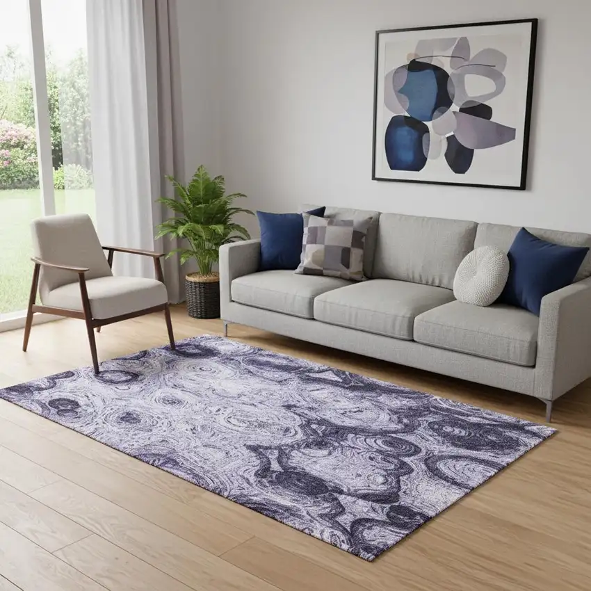 Purple And Ivory Abstract Washable Area Rug With UV Protection Photo 1