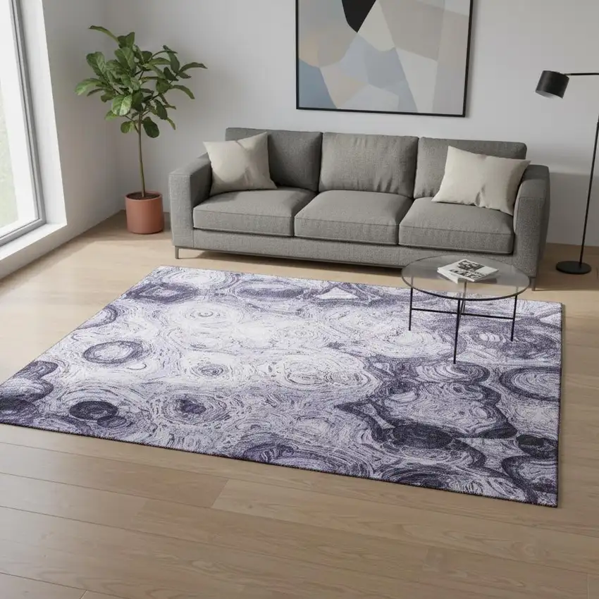 Purple And Ivory Abstract Washable Area Rug With UV Protection Photo 2