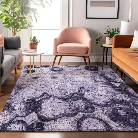 Purple And Ivory Abstract Washable Area Rug With UV Protection Photo 5