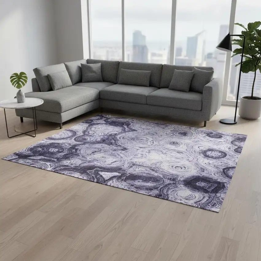 Purple And Ivory Abstract Washable Area Rug With UV Protection Photo 2