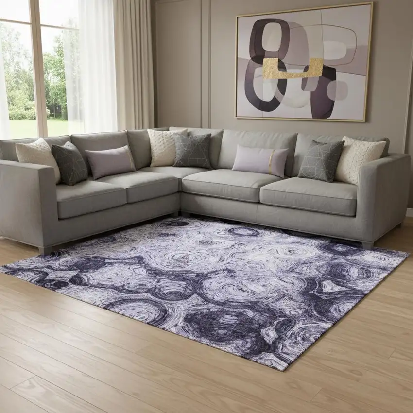 Purple And Ivory Abstract Washable Area Rug With UV Protection Photo 1