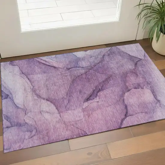 Purple And Ivory Abstract Washable Area Rug With UV Protection Photo 1