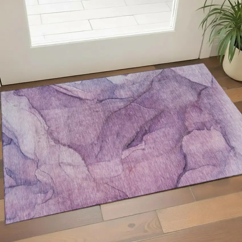 Purple And Ivory Abstract Washable Area Rug With UV Protection Photo 1