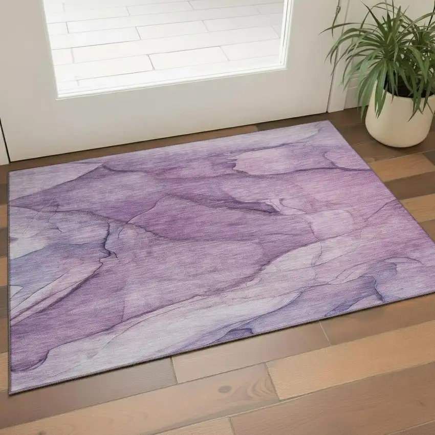 Purple And Ivory Abstract Washable Area Rug With UV Protection Photo 3