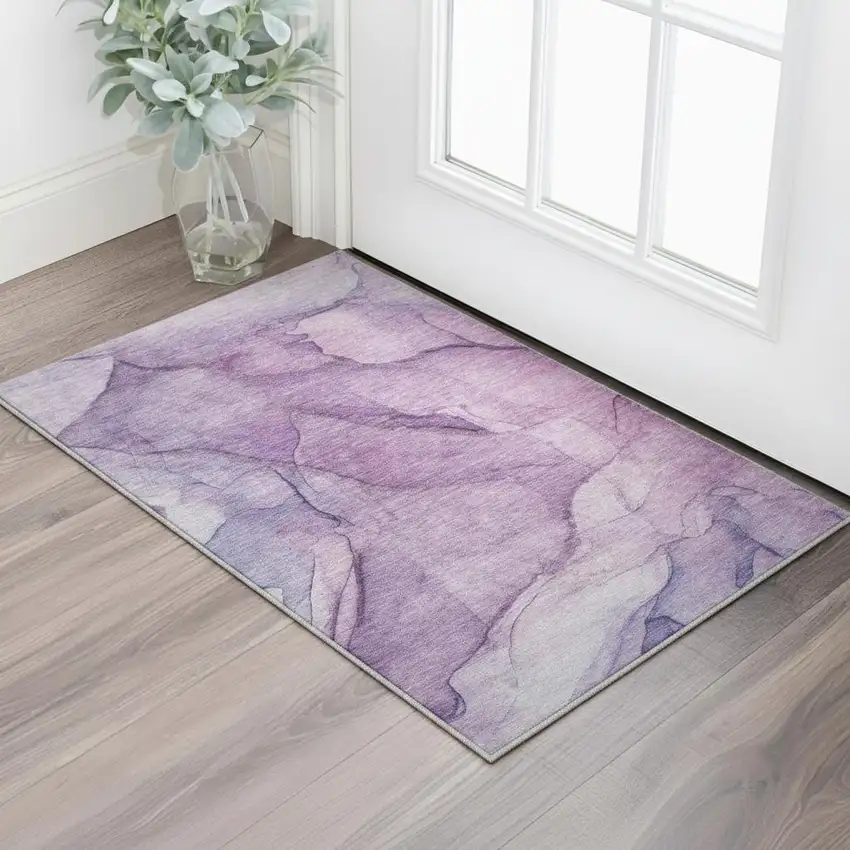 Purple And Ivory Abstract Washable Area Rug With UV Protection Photo 2