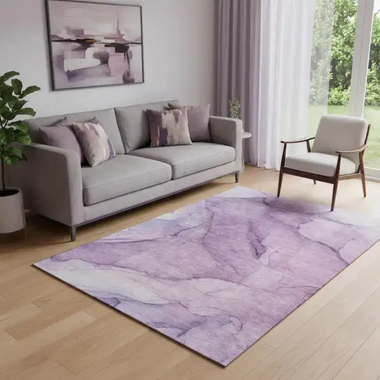 Purple And Ivory Abstract Washable Area Rug With UV Protection Photo 1