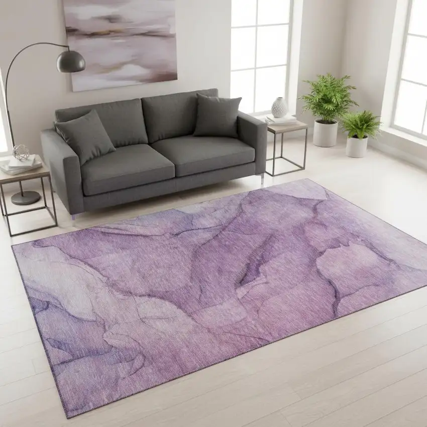 Purple And Ivory Abstract Washable Area Rug With UV Protection Photo 2