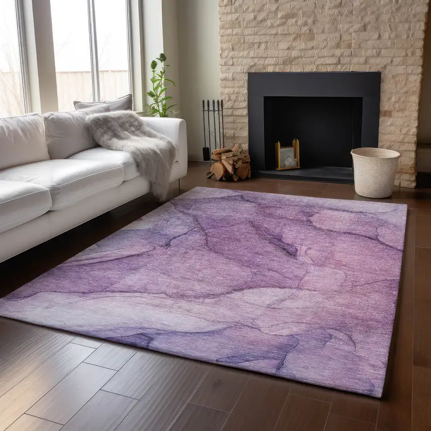 Purple And Ivory Abstract Washable Area Rug With UV Protection Photo 7