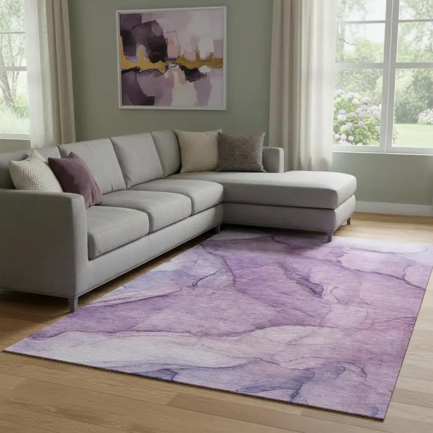 Purple And Ivory Abstract Washable Area Rug With UV Protection Photo 1