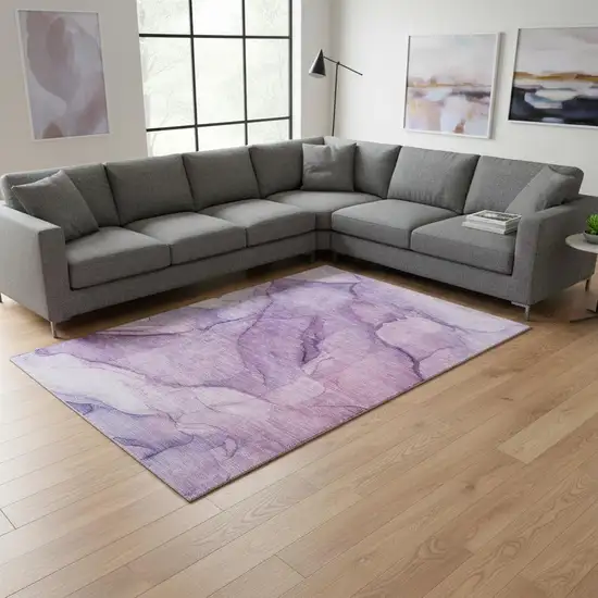 Purple And Ivory Abstract Washable Area Rug With UV Protection Photo 1