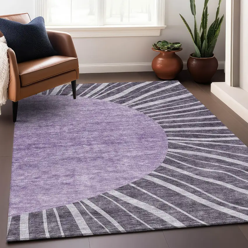 Purple And Ivory Abstract Washable Area Rug With UV Protection Photo 5